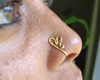 Solid Brass Hand Hammered Heart Nose Cuff, Nose Clip, Gold Nose Jewelry, Egyptian Nose Cuff, Body Jewelry, Faux Nose Ring, Septum Cuff,