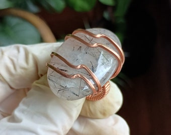 Tourmalated Quartz Wire Wrapped Copper Ring, Hand Hammered, Hand Made Statement Ring, Big Ring, Show Ring, Oval Ring, White Ring, Tourmaline