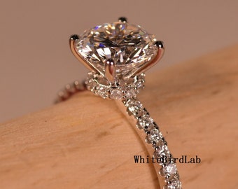 IGI Certified 2 Ct Round lab grown diamond engagement ring Hidden halo Lab Grown round ring, 14k white gold round diamond ring for her
