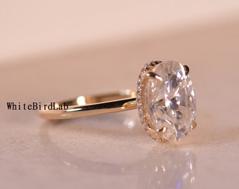 3.00 Lab Grown Diamond Oval Engagement Ring, Oval Lab Diamond and Hidden Halo Wedding Ring, Yellow Gold Lab Diamond Ring  1 To 3 Carat Ring