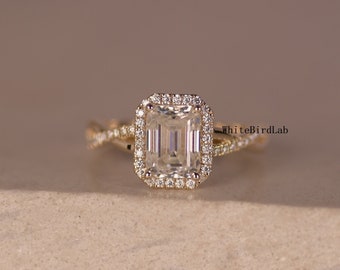 Halo 2.40Ct Emerald Cut  Engagement Ring, Split Shank Moissanite Wedding Ring, Classic Ring, Solid 14K Yellow Gold Bridal Ring, Anniversary