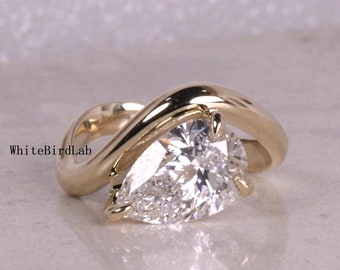 3 Carat Pear Lab Grown Diamond Ring / 3 CT Oval Diamond Thin Engagement Ring / Dainty Ring / 14k Yellow Gold Elongated Pear Diamond Ring /