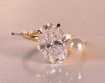 Oval Lab Grown Diamond Ring / 1 To 3 Carat Oval Diamond Engagement Ring / Pearl Dainty Ring / 14k Solid Gold Oval 2 Stone Diamond Ring