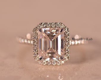 1Ct To 3Ct Emerald Cut Lab Grown Diamond Engagement Ring Lab Created Halo Wedding Ring, Anniversary Gift,Diamond Ring for Her,Promise Ring