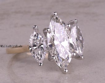 4.50ct Three Stone Engagement Ring, Marquise Cut Lab Grown Diamond Ring, Two Tone 14K Solid  Diamond Wedding Ring, Marquise Diamond Ring ,