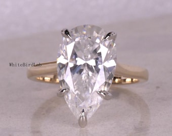Pear Cut 7 Carat Moissanite Engagement Ring Solitaire Elongated Pear Moissnaite Ring Wedding Ring Solid Two Tone 14K Gold Ring