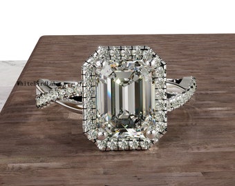 IGI CERTIFIED F/VS1 Emerald Cut Lab Grown Diamond Halo Set Engagement Ring 2.56 Ct, 18k White Gold Proposal Ring, Anniversary Gift, Women