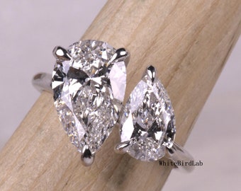 Pear Cut Lab Grown Diamond Toi Et Moi Wedding Ring| Two Stone 4 Ct Engagement Ring|Certified Diamond 14K Gold Ring| Unique Anniversary Ring|