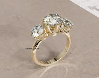 Three Stone Engagement Ring, 3 Stone Round Lab-Grown Diamond Ring, Art Deco Style Round Diamond Wedding Ring For Her, Solid 14k Yellow Gold