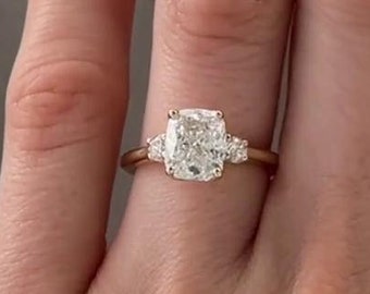 Cushion Diamond Engagement Ring Genuine Lab Grown Diamond Trilogy Ring Marriage Unique Three Diamond Ring Side 2 Round Diamond Ring 14K Gold