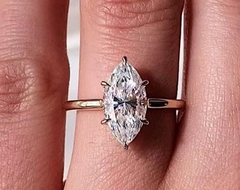 2.5 CT Marquise Lab Grown Diamond Solitaire Engagement Ring, CVD Diamond Ring For Anniversary Gift, Marquise Hidden Halo Ring Ring