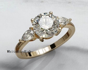 Round Cut 2.4 carat F Color VS1 Clarity IGI Certified Lab Grown Diamond Three Stone Engagement Ring, Side Pear Cut Diamonds, 14k Gold Ring