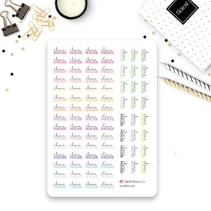 May include: A sheet of colorful stickers with the words "clean house" repeated multiple times. The stickers are in various shades of pink, yellow, green, and blue. The text "KISS Prints Co" and "SCRIPT-029" are printed in black at the bottom of the sheet.