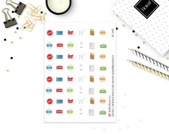 以下が含まれることがあります： 買い物かご、セールサイン、クローズサイン、オープンサイン、新商品サイン、新鮮サイン、オーガニックサインなど、食料品をテーマにしたさまざまなアイコンが描かれたステッカーシート。ステッカーは白い背景に配置され、グリッドパターンで配置されています。シートの右側に「KISS Prints Co」と「HTTP://WWW.ETSY.COM/SHOP/KISSPRINTSCO」のテキストが印刷されています。シートの右上に「IC-092」のテキストが印刷されています。