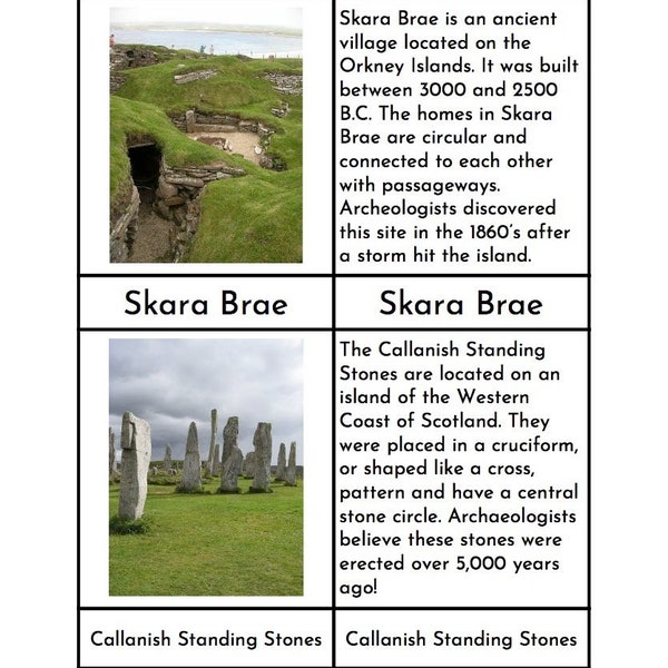Historical Sites of Scotland - Montessori Three/Four Part Cards