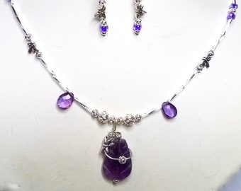 NEW!!! ~ CLC586 Amethyst Leaf & Dragonfly Pendant W/ Faceted Amethyst Drops, Silver Dragonflies, and Purple Beads