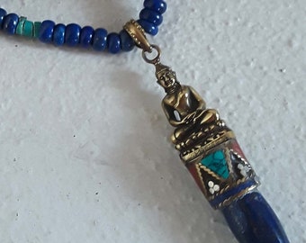 Buddha, spiritual, Lapis, adjustable chain, brass beads, layering, necklace, one of a kind