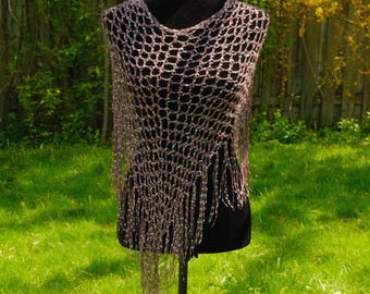 Crochet Ribbon Poncho - Handmade Pink & Grey Fringe Poncho