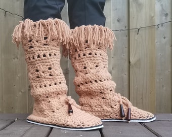 Crochet L Vintage Boots, Boho Boots with fringe, Coachella Boots, Pixie Boots, Tall Moccasins