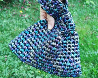 Japanese Knot Bag, Crochet Purse: Metallic Rainbow Mini Evening Purse