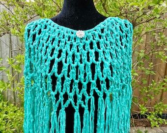 Handmade Turquoise Crochet Poncho with Ribbon Fringe