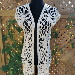 Crochet Flower Granny Square Vest: Cream Cotton Beach Coverup