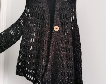 Cárdigan de crochet negro y dorado, chaqueta larga de crochet