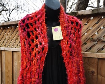 Soft Cocoon Shrug in Oranges and Reds, Cozy, Hygge Crochet Shrug