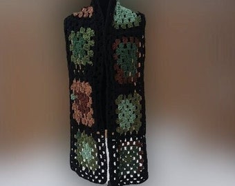 Long Green and Brown Scarf, Unisex Granny Square Scarf, Long Crochet Scarf by Claudia's Crochet Creations