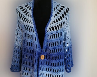 Cardigan all'uncinetto Ombre blu, gilet lungo all'uncinetto