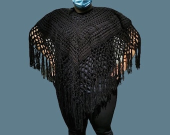 Black Crochet Poncho, Plus Sized Crochet Poncho, Crochet Boho Top