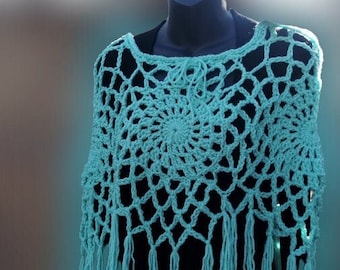 Mandala Crochet Cape: Light Green Boho-Chic Fringed Poncho Top