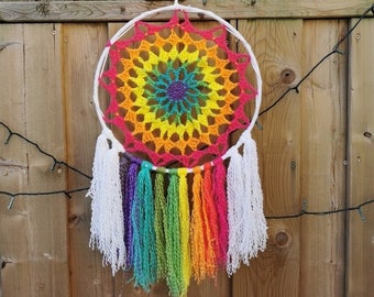 Rainbow Mandala Crochet Wall Hanging, colourful Home Decor, Crochet Wall Decor