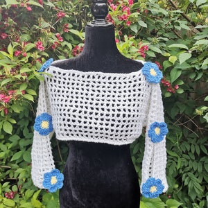 Crochet Flower Shrug, Long Sleeved Crop Top, Crochet Mesh Sleeves, Bolero Shrug, Fishnet Shrug, Cropped Sweater