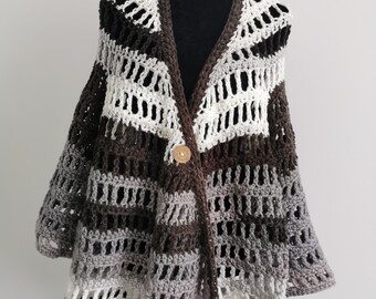 Cárdigan de talla grande, cárdigan degradado negro, blanco y gris, chaqueta larga