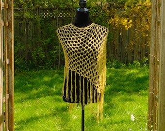 Diagonal Crochet Poncho in Gold Shimmery yarn, Asymmetrical Poncho