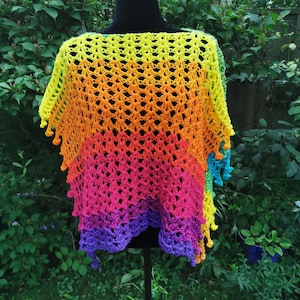 Crochet Poncho with Pompoms, Reversible Rainbow Poncho, Pompom Crochet Top
