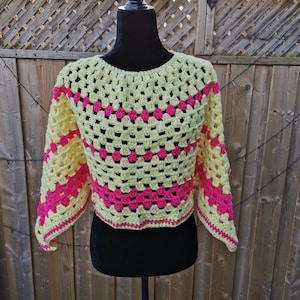 Granny Square Crochet Poncho, Crochet Cover Up, Crochet Poncho in Pink and Yellow