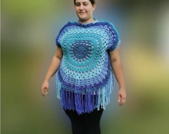 Top circular de crochet azul Mandela, chaleco bohemio con flecos