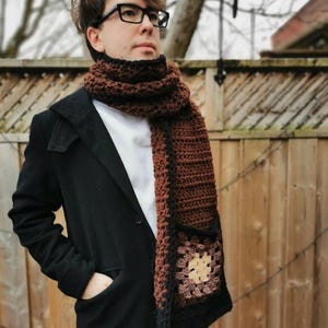 Brown Scarf for Him, Granny Square Pocket  Scarf, Unisex Scarf, Scarf with Pockets