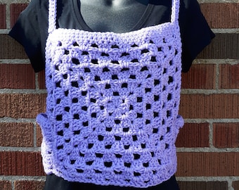 Top corto con cuadrados de abuela, top bohemio de crochet, chaleco tipo suéter