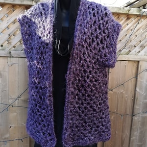 Purple Crochet Vest, Hygge Vest, Soft Purple and Grey soft Mid Length Vest Jacket