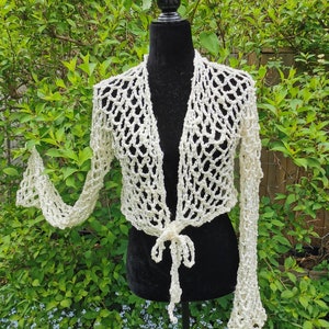 Mesh Wrap Crop Top with ties, Crochet Yoga Wrap Top, Crochet Mesh Shrug with Bell Sleeves