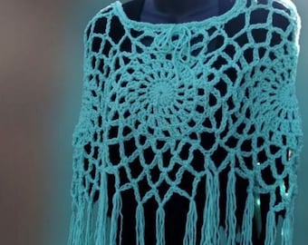 Mandala Häkel Cape, Mintgrüner Boho-Chic Fransen Poncho Top