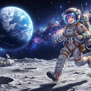 Pode incluir: Ilustração de um astronauta correndo na superfície lunar, com um grande planeta azul ao fundo. O astronauta está usando um traje espacial branco e laranja com o logotipo da NASA. O céu estrelado é preenchido com nebulosas coloridas.