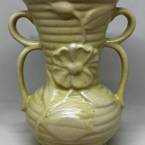 Vintage Shawnee Pottery Vase Yellow 7.5” Tall Embossed Flowers Double Handles