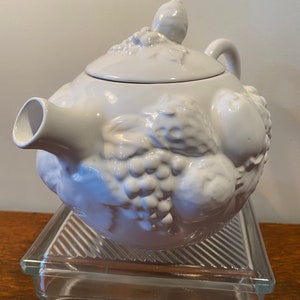 Vintage White Ceramic Embossed Fruit Teapot