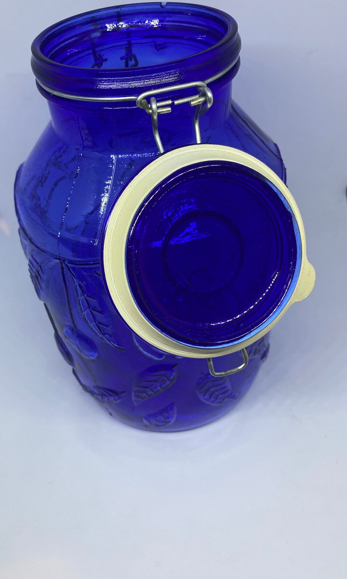 Vtg Cobalt Blue Glass Canister With Embossed Fruit Design Hand Etsy
