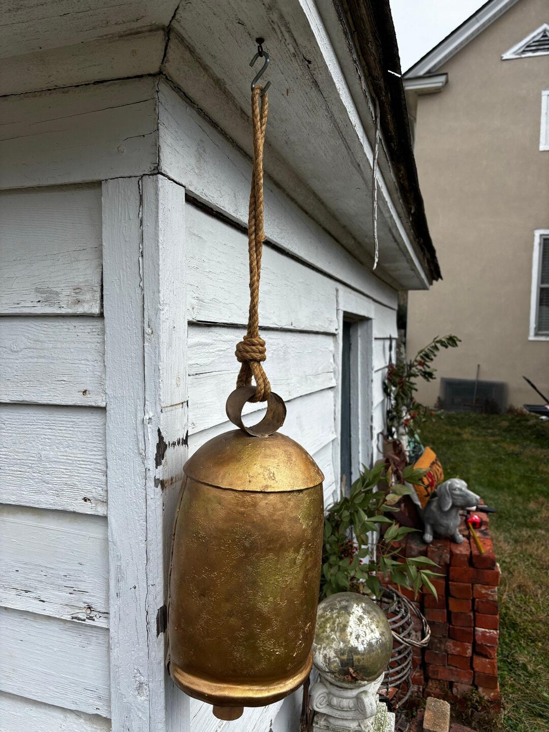 Large, Rustic, Gold-toned Metal Decorative Bell With a Jute Rope Hanger ...