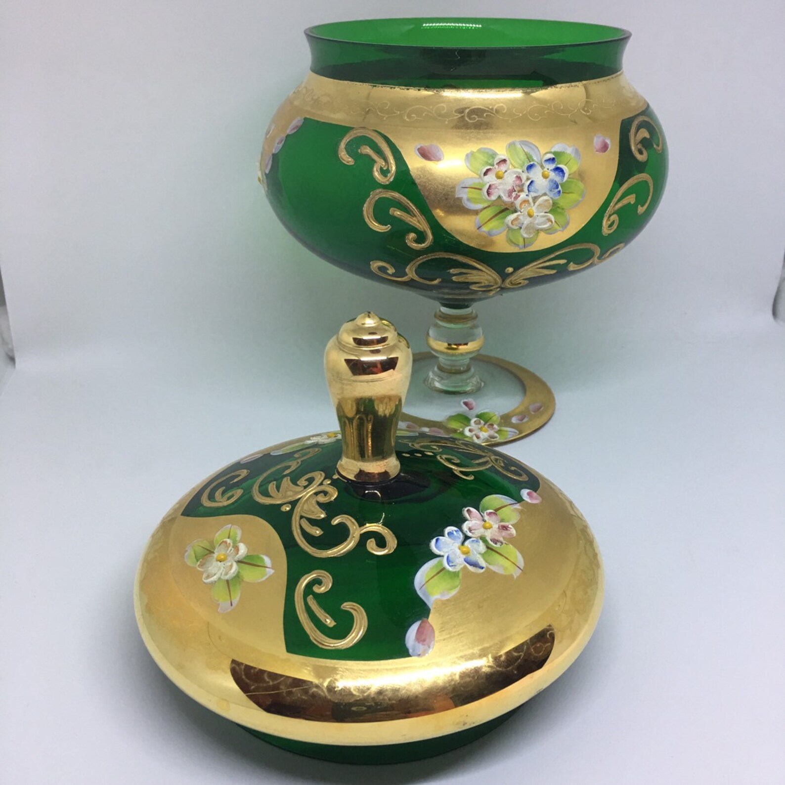 Victorian Footed Candle Dish SEYEI Gold trimmed Green Glass Etsy